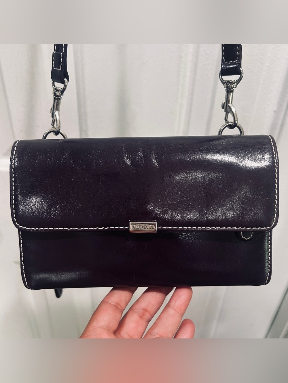 Aurielle Eggplant Plum Leather Crossbody Wallet Purse White Contrast Stitch Flap
